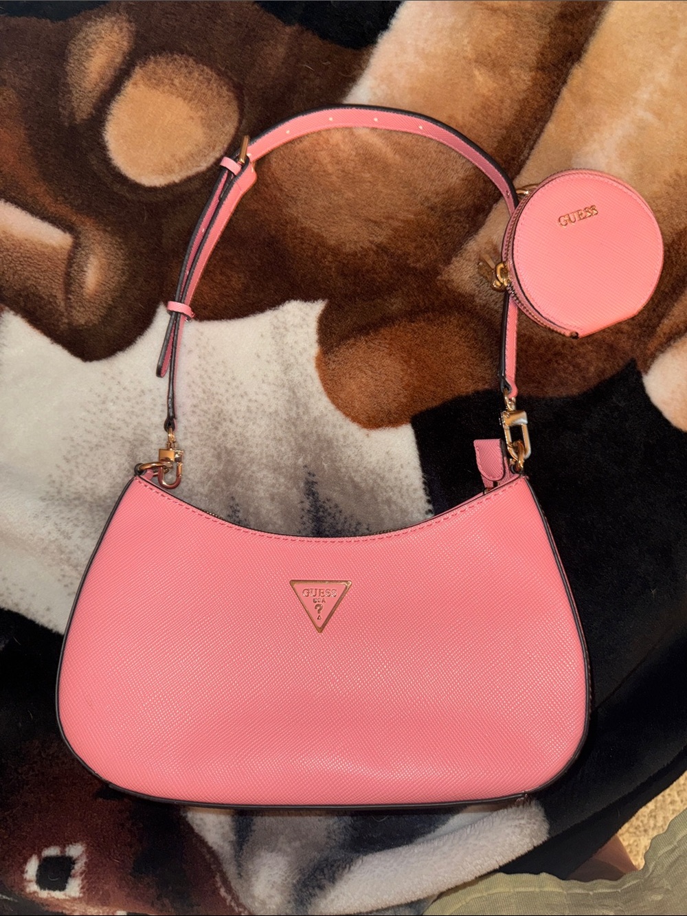 GUESS Pink Crescent Shoulder Bag with Detachable Coin Pouch